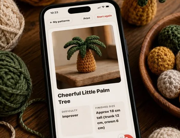 The Hooked app on a phone screen showing a generated Cheerful Little Palm Tree pattern, held amid yarn and finished crochet pieces.