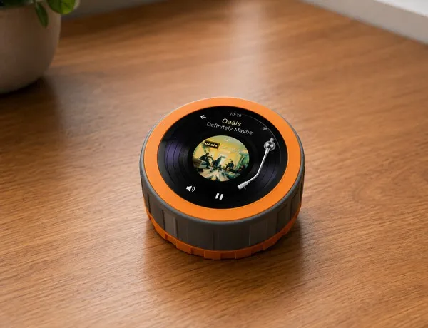 The M5 Dial on a desk, its round screen showing a generated Oasis record label mid-playback.