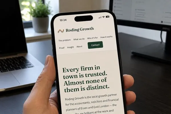 The live rodinggrowth.co.uk site open on a phone, held in one hand.